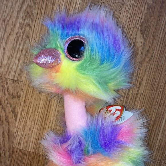NWT TY ASHA THE OSTRICH RAINBOW COLORED 6" BEANIE BOO - Picture 3 of 7
